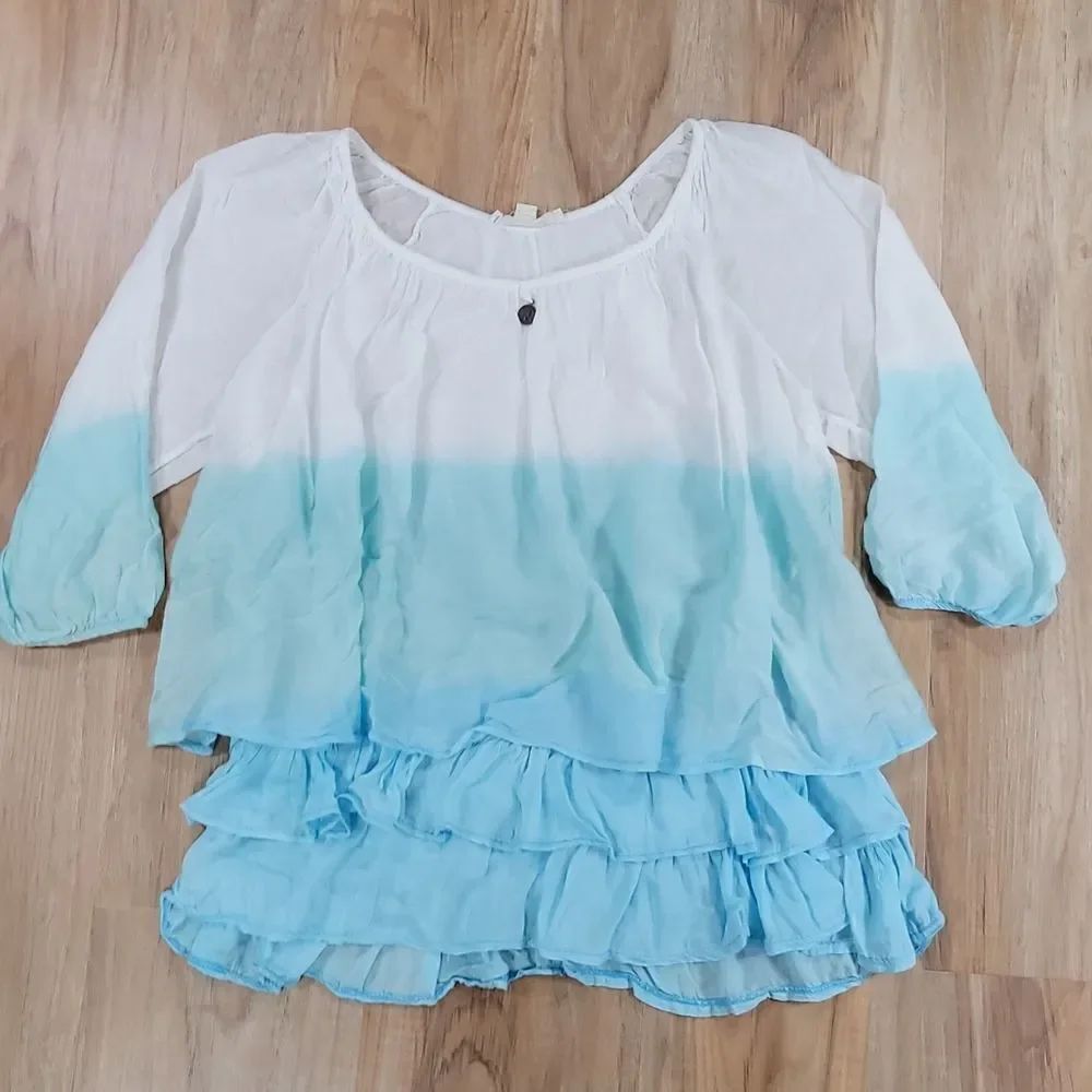 🔺️Belle France Blue Ombre Italian Silk Blend Ruffled Top Small